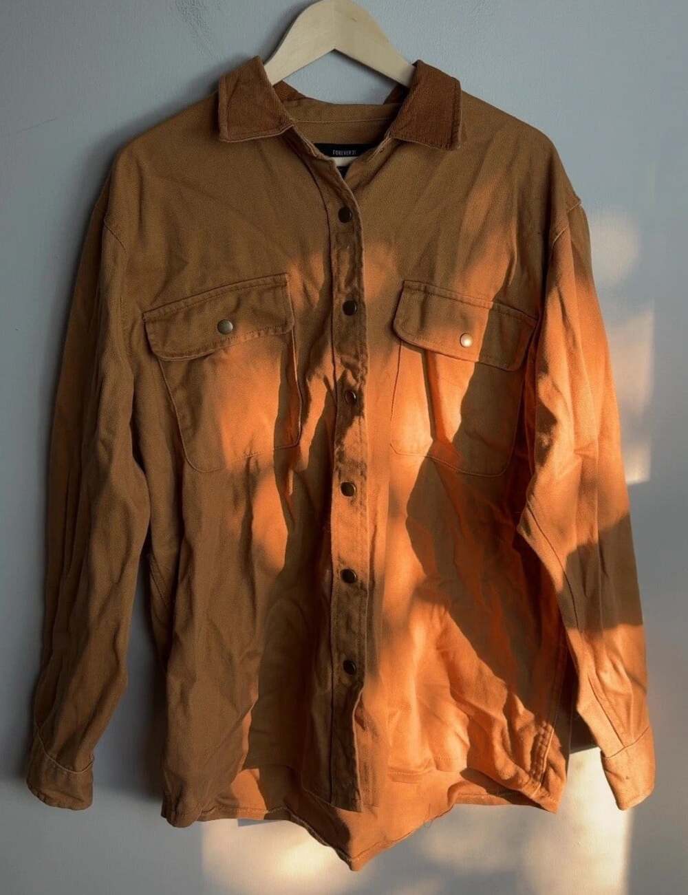 Forever 21 Brown Button Down Long Sleeve Shacket Size Large Cotton Women’s